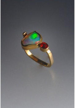 Ethiopian Opal and Spessartine Garnet Ladies Ring - $875