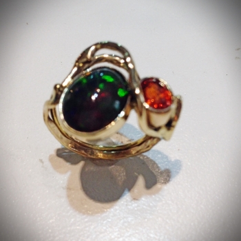 Ethiopian Opal and Spessartine Garnet Ladies Ring - $1,219